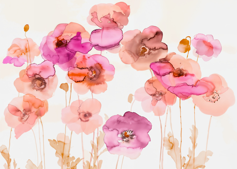 Blush Bloom Watercolour Mural 3 Wallpaper and Wall Murals South Africa A soft watercolour floral mural featuring blush pink, coral, and peach blooms on a light background.