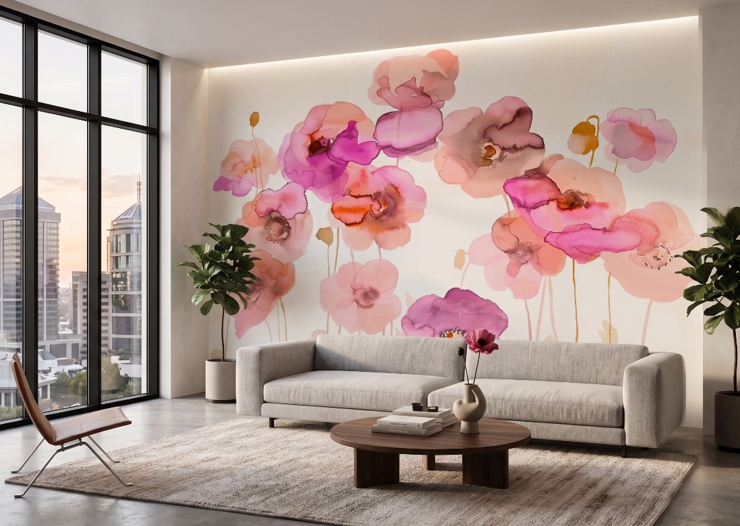 Blush Bloom Watercolour Mural 2 Wallpaper and Wall Murals South Africa A contemporary floral wall mural with oversized blush and magenta blooms in a soft watercolour style.