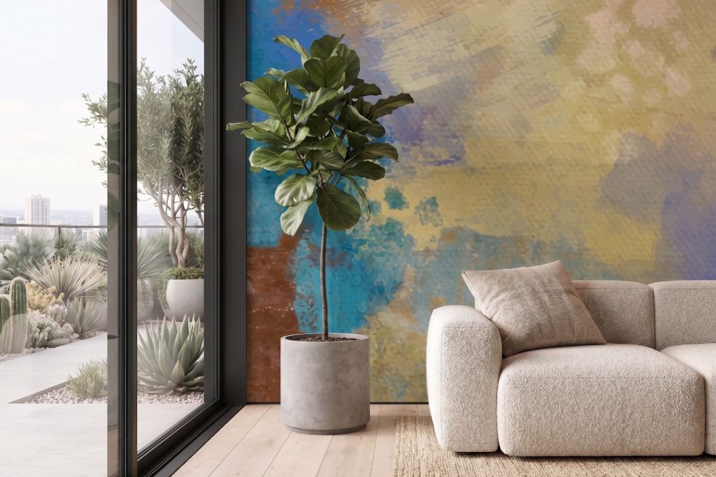 A zoomed-in of Coastal Harmony Mural showcasing textured abstract paint effects in soft coastal-inspired hues