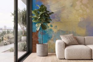 A zoomed-in of Coastal Harmony Mural showcasing textured abstract paint effects in soft coastal-inspired hues