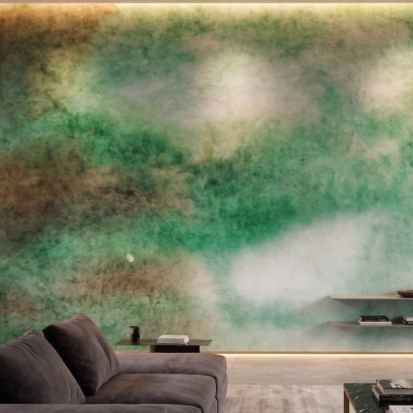 test color filter 6 Wallpaper and Wall Murals South Africa A zoomed-in of Emerald Drift Mural showcasing layered emerald and moss-toned watercolor textures behind a contemporary sofa.