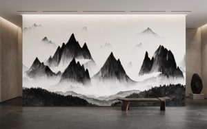 A zoomed-in of dramatic black ink mountains rising through soft mist on a minimalist monochrome wall mural.