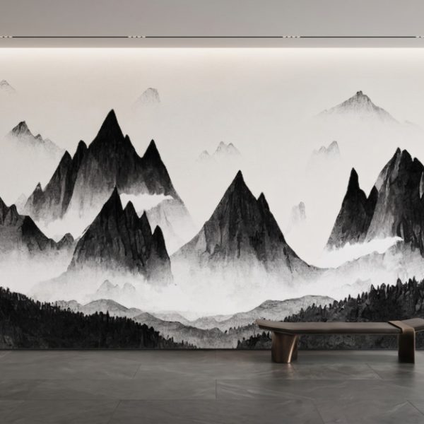 test color filter 3 Wallpaper and Wall Murals South Africa A zoomed-in of dramatic black ink mountains rising through soft mist on a minimalist monochrome wall mural.