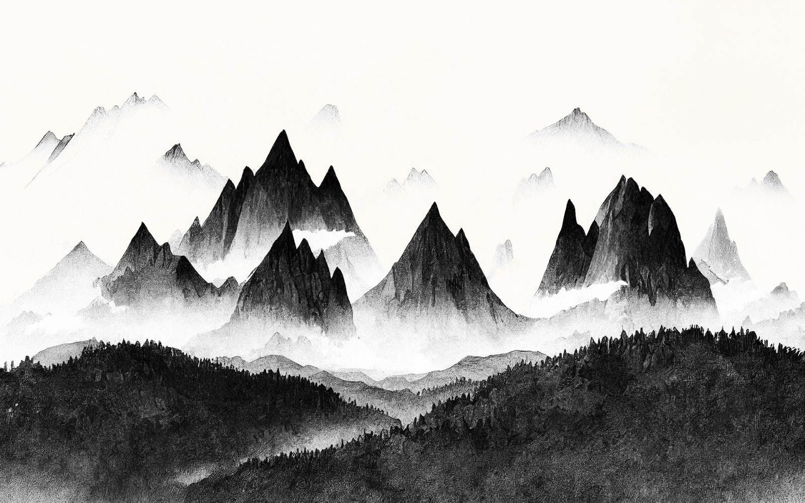 Midnight Mist Mountain Mural 2 Wallpaper and Wall Murals South Africa A contemporary interior showcasing a black and white mountain mural inspired by traditional ink wash landscapes.