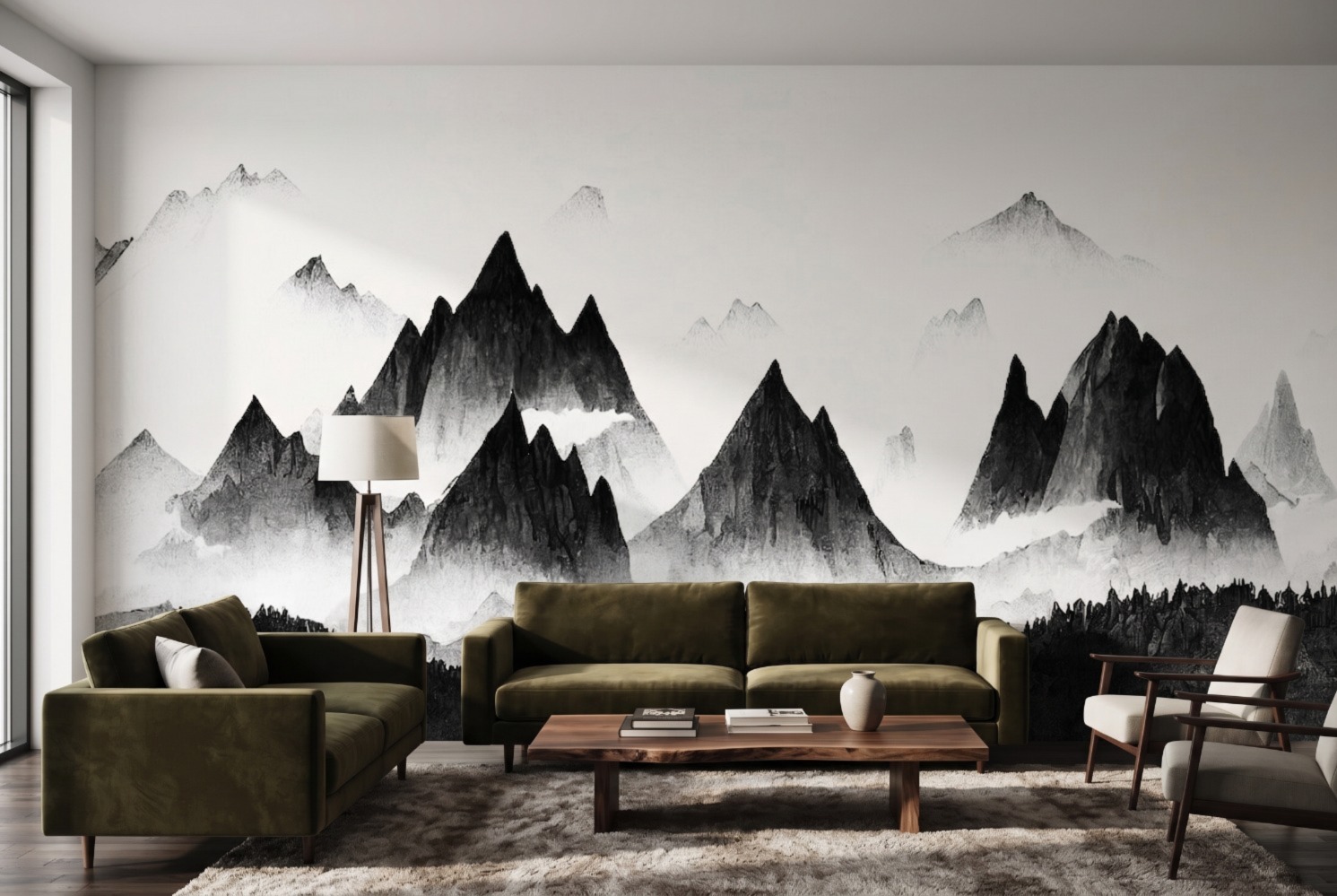Midnight Mist Mountain Mural 3 Wallpaper and Wall Murals South Africa A modern living room featuring the Midnight Mist Mountain Mural with layered black mountain peaks and misty landscapes.