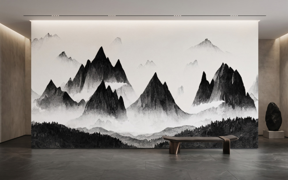 Midnight Mist Mountain Mural 1 Wallpaper and Wall Murals South Africa A zoomed-in of dramatic black ink mountains rising through soft mist on a minimalist monochrome wall mural.