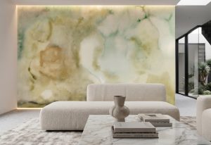A zoomed-in of Moss Veil Watercolor Mural showcasing earthy green washes and layered abstract movement.