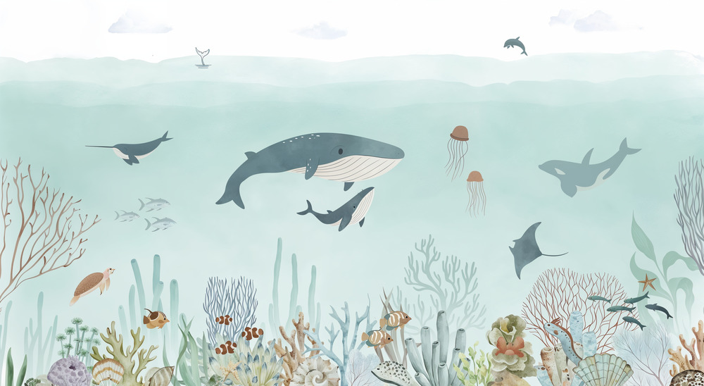 Ocean Wonders Mural 2 Wallpaper and Wall Murals South Africa A modern nursery with the Ocean Wonders Mural in calming blue tones inspired by the ocean.