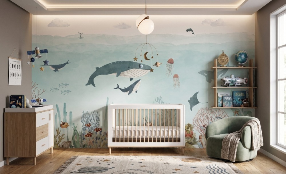 Ocean Wonders Mural 3 Wallpaper and Wall Murals South Africa A nursery featuring the Ocean Wonders Mural with whales and underwater sea life behind a white crib.