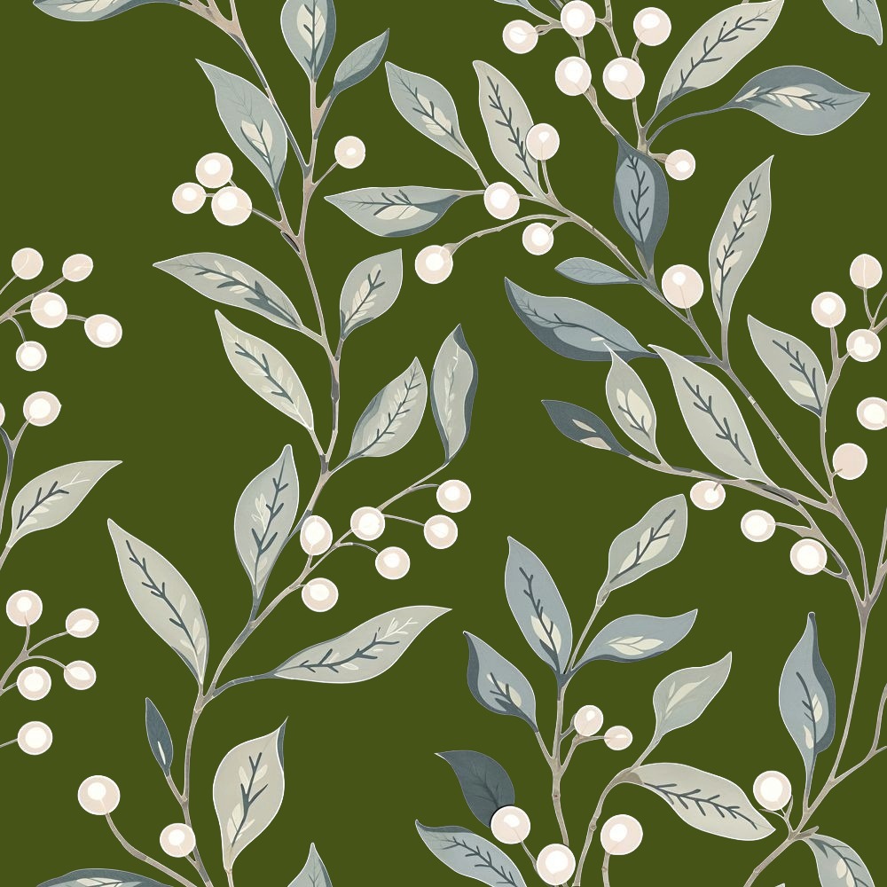 Olive Berry Vine Wallpaper 3 Wallpaper and Wall Murals South Africa A zoomed-in of olive green botanical wallpaper with silver leaves and white berries.