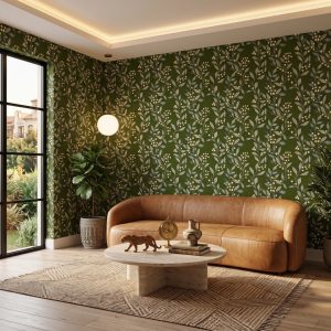 Olive green botanical wallpaper in a modern lounge