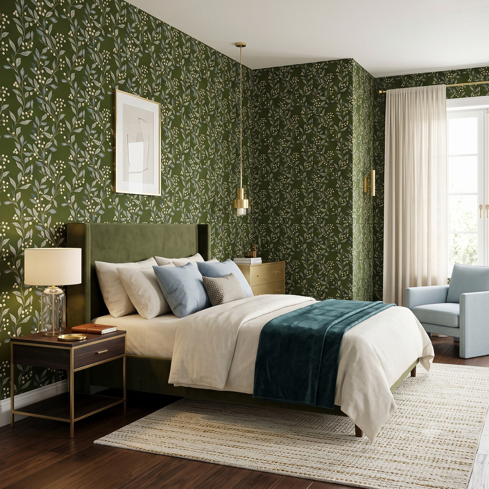 Olive Berry Vine Wallpaper 2 Wallpaper and Wall Murals South Africa Bedroom with elegant olive green botanical wallpaper