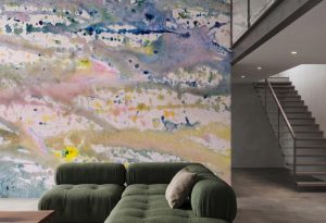 A zoomed-in of Pastel Tides Mural showcasing pastel watercolor textures and abstract ink splatters.