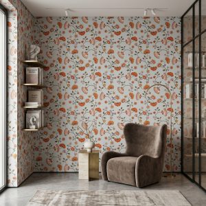 A zoomed-in of retro orange and blush floral vines on a soft grey wallpaper