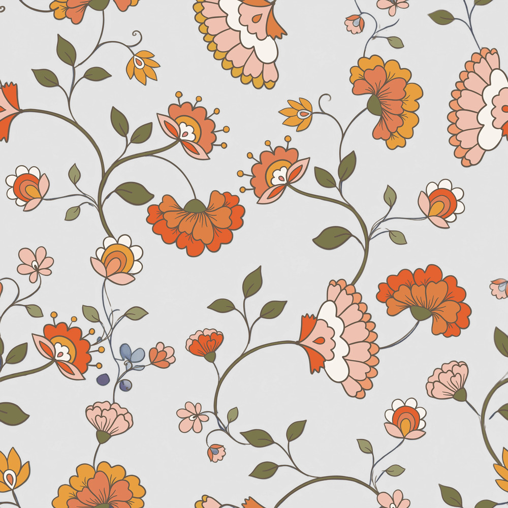 Retro Bloom Trail Wallpaper 2 Wallpaper and Wall Murals South Africa whimsical retro floral wallpaper featuring orange blossoms and winding vines.