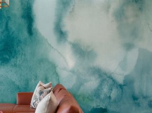 A zoomed-in of Sea Mist Watercolor Mural showcasing layered watercolor washes in tranquil teal and seafoam tones.