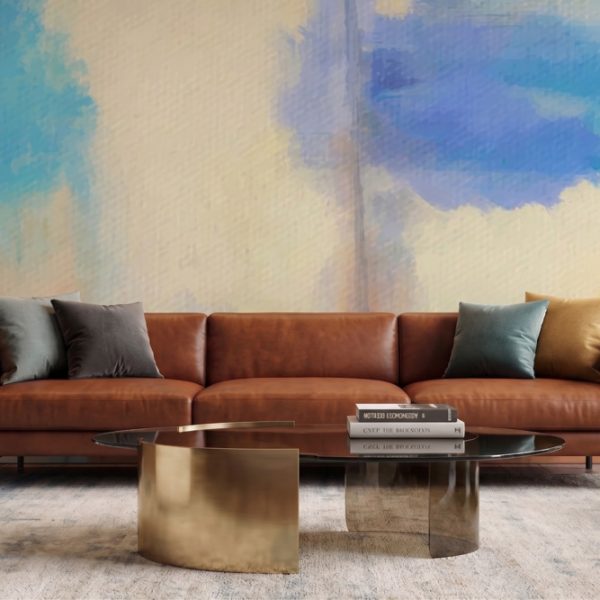 test color filter 10 Wallpaper and Wall Murals South Africa Sunlit Horizon Mural displayed as a feature wall in a contemporary living room with warm blue and terracotta abstract tones.