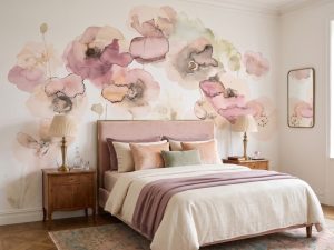 A zoomed-in of layered pink and coral watercolour flowers with delicate translucent petals.