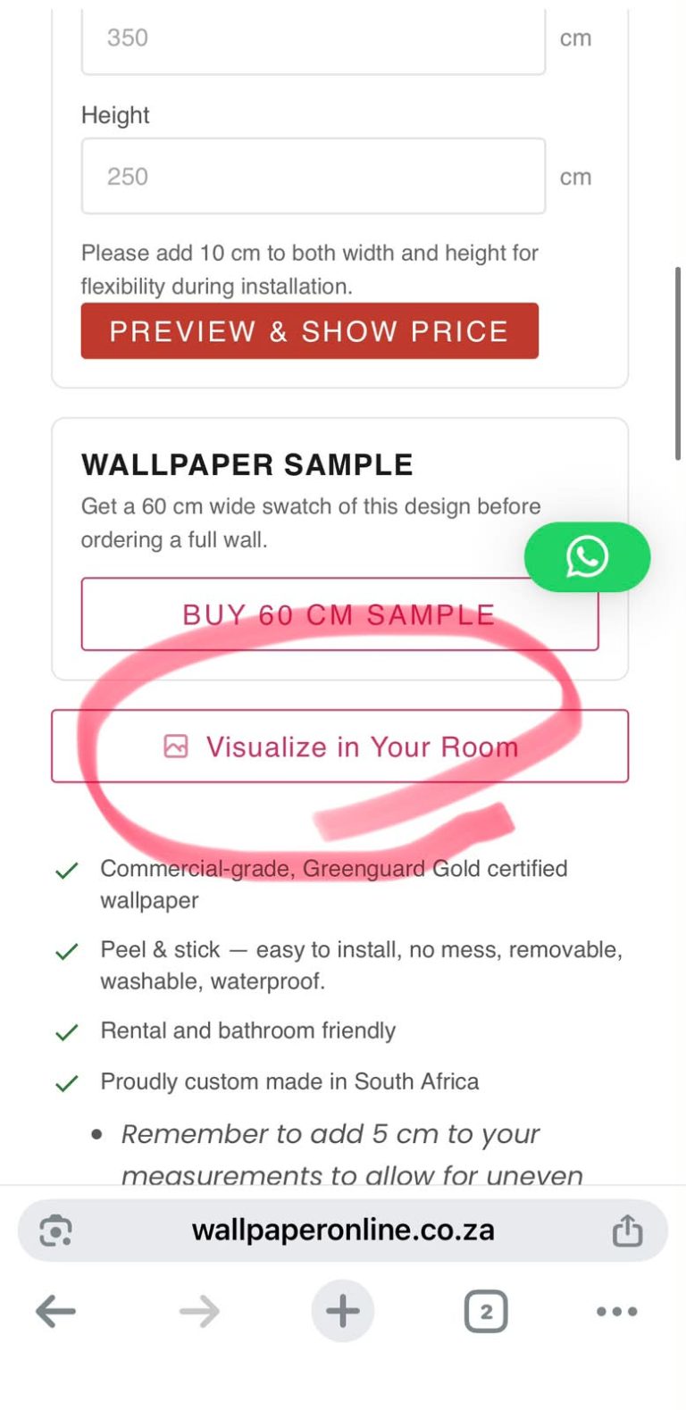How to use the wallpaper room visualiser step 2