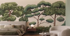 A detailed forest mural featuring lush green trees and layered foliage on a warm beige background.