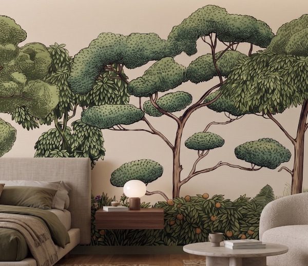 test color filter 1 Wallpaper and Wall Murals South Africa A detailed forest mural featuring lush green trees and layered foliage on a warm beige background.