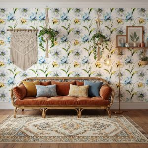 Watercolor Floral Wallpaper with delicate botanical blooms, handcrafted floral wallpaper South Africa design for elegant