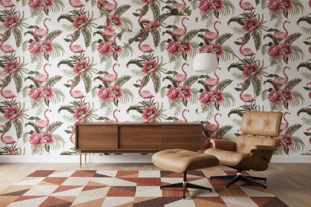 Antique Flamingo wallpaper with coral pink birds and sage green tropical foliage across a romantic bedroom — Wallpaper Online South Africa