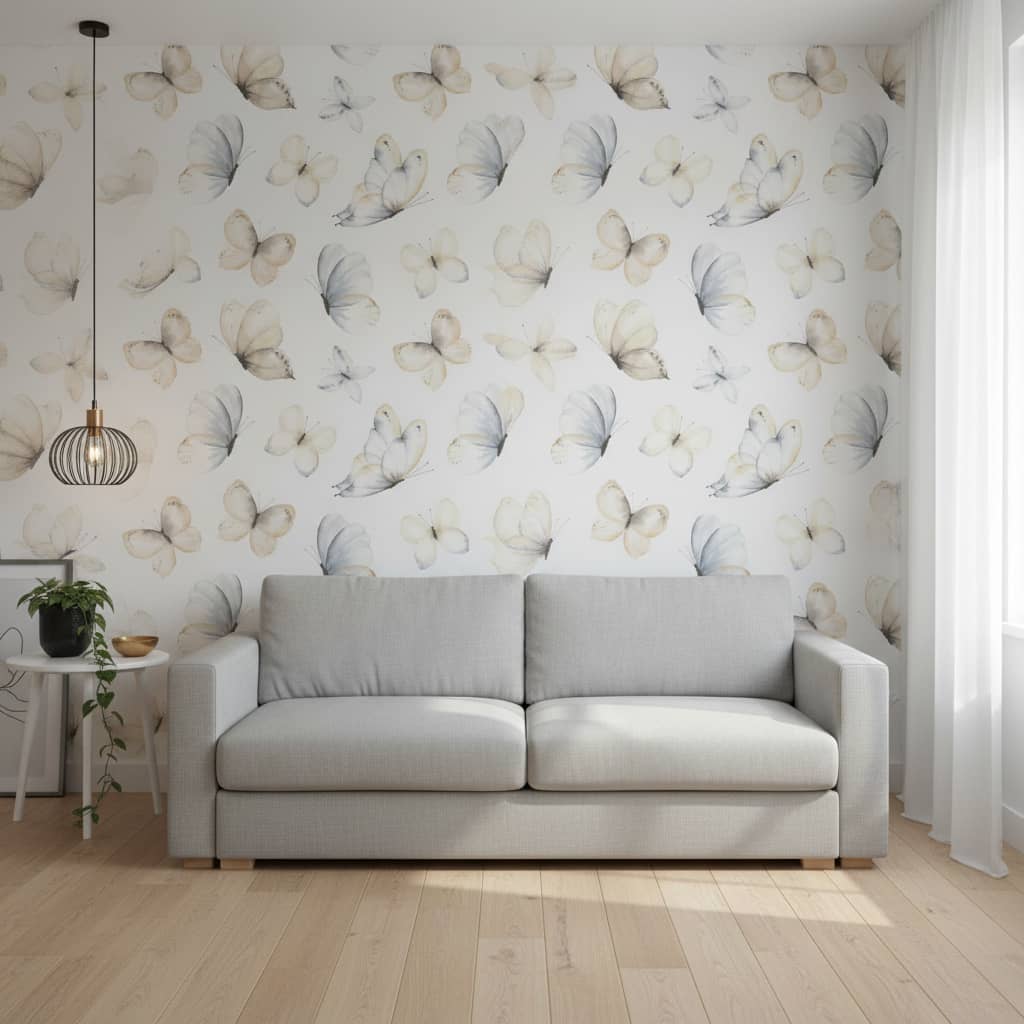 Butterfly Cremé Wallpaper 1 Wallpaper and Wall Murals South Africa Butterfly Cremé wallpaper with watercolour butterflies in soft cream and pale blue across a nursery wall — Wallpaper Online South Africa