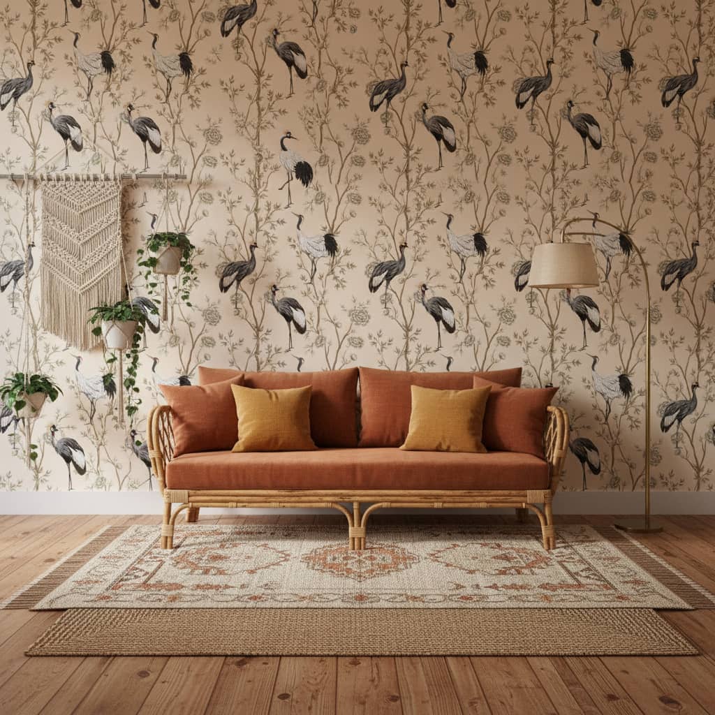Council Meeting Wallpaper 1 Wallpaper and Wall Murals South Africa Council Meeting crane wallpaper with elegant birds on botanical branches in cream and beige across a nursery — Wallpaper Online South Africa