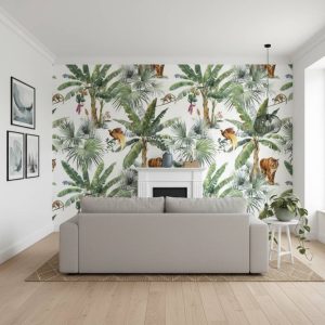 Exotic Jungle wallpaper with tiger among tropical palms in green, yellow and brown on white background across a nursery feature wall — Wallpaper Online South Africa