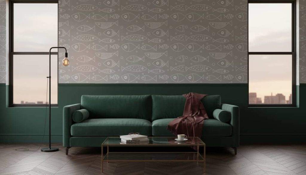 Fishing Sere fish wallpaper with white line-drawn fish on soft grey background across a modern bedroom — Wallpaper Online South Africa