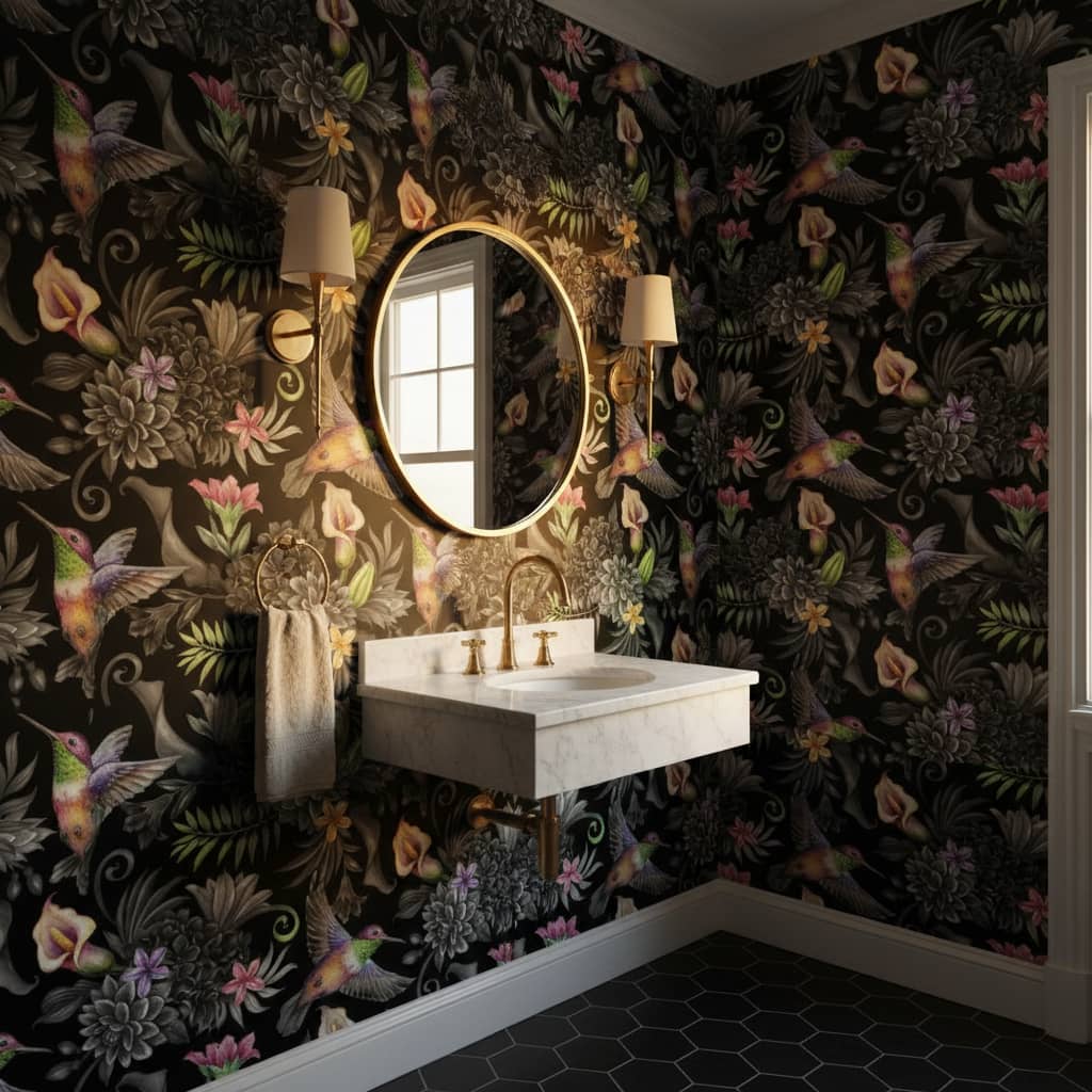 Flat -Chroma Flights Wallpaper 1 Wallpaper and Wall Murals South Africa Chroma Flights hummingbird wallpaper with iridescent birds in pink, purple and green against black background across a powder room — Wallpaper Online South Africa