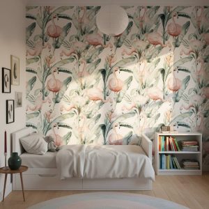 Hello my Friend flamingo wallpaper with soft watercolour birds in blush pink and sage green across a children's bedroom — Wallpaper Online South Africa
