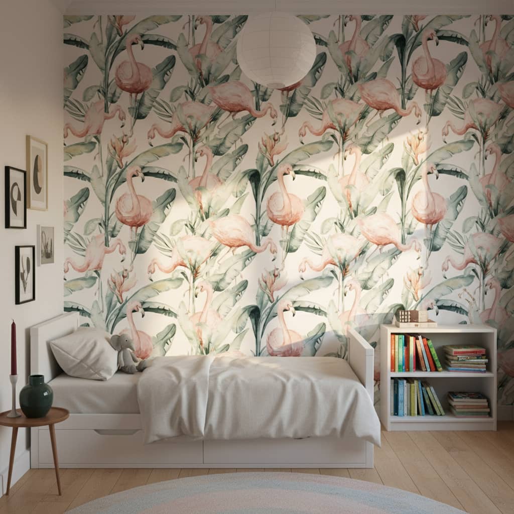 Hello my Friend Wallpaper 1 Wallpaper and Wall Murals South Africa Hello my Friend flamingo wallpaper with soft watercolour birds in blush pink and sage green across a children's bedroom — Wallpaper Online South Africa