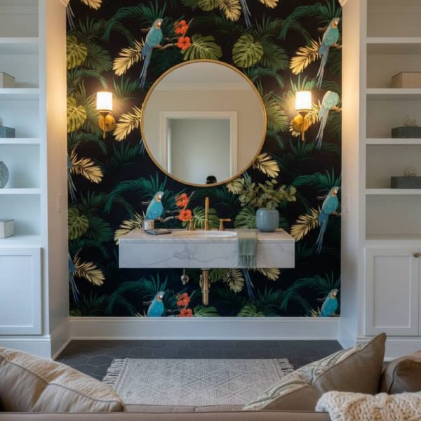 Hibiscus Melody tropical wallpaper with teal parrots and orange hibiscus flowers on black background in a powder room — Wallpaper Online South Africa