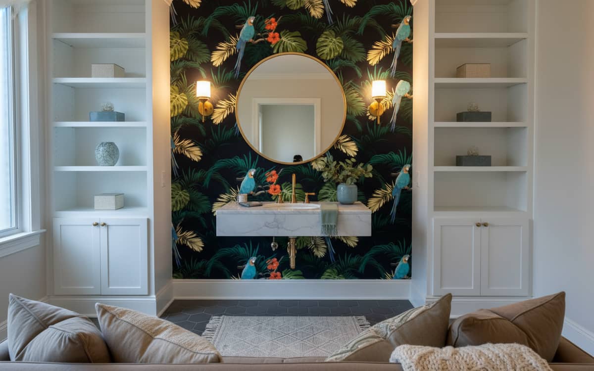 Hibiscus Melody Wallpaper 1 Wallpaper and Wall Murals South Africa Hibiscus Melody tropical wallpaper with teal parrots and orange hibiscus flowers on black background in a powder room — Wallpaper Online South Africa