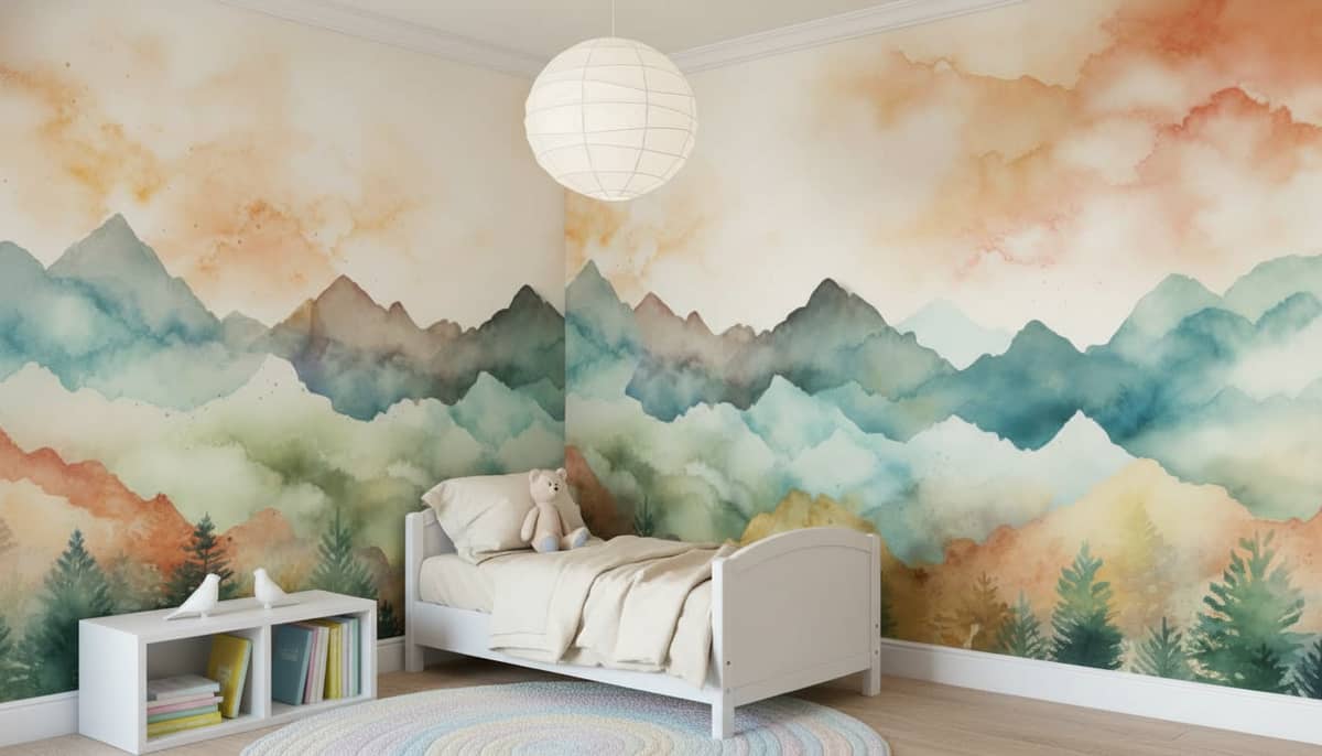 Serene Watercolour Peaks Mural 2 Wallpaper and Wall Murals South Africa Serene Watercolour Peaks mural in a Children's Room room