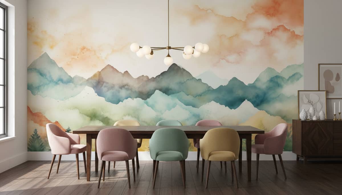 Serene Watercolour Peaks Mural 3 Wallpaper and Wall Murals South Africa Serene Watercolour Peaks mural in a Statement Dining Room room