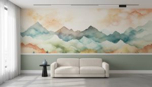 Serene Watercolour Peaks mural in a Modern Minimalist room