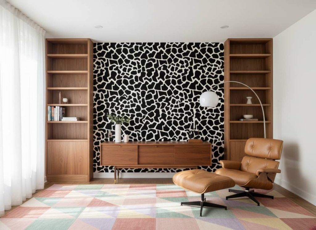 Lineback Moo black and white cow hide wallpaper with graphic patches across a contemporary dining room — Wallpaper Online South Africa