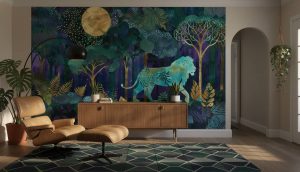 Nocturnal Jungle King Mural featuring a majestic tiger prowling through dense tropical foliage under moonlight