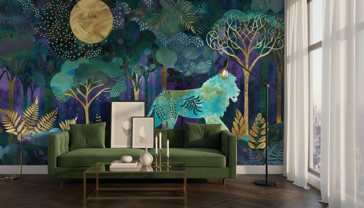 Nocturnal Jungle King Mural 3 Wallpaper and Wall Murals South Africa Nocturnal Jungle King Mural featuring a majestic tiger prowling through dense tropical foliage in moonlit darkness