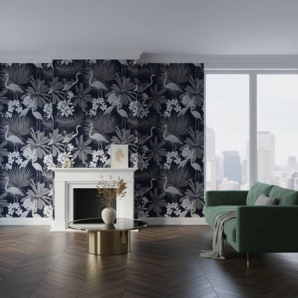 Midnight Fowls bird wallpaper with grey and white birds on black botanical stems across a sophisticated study wall — Wallpaper Online South Africa