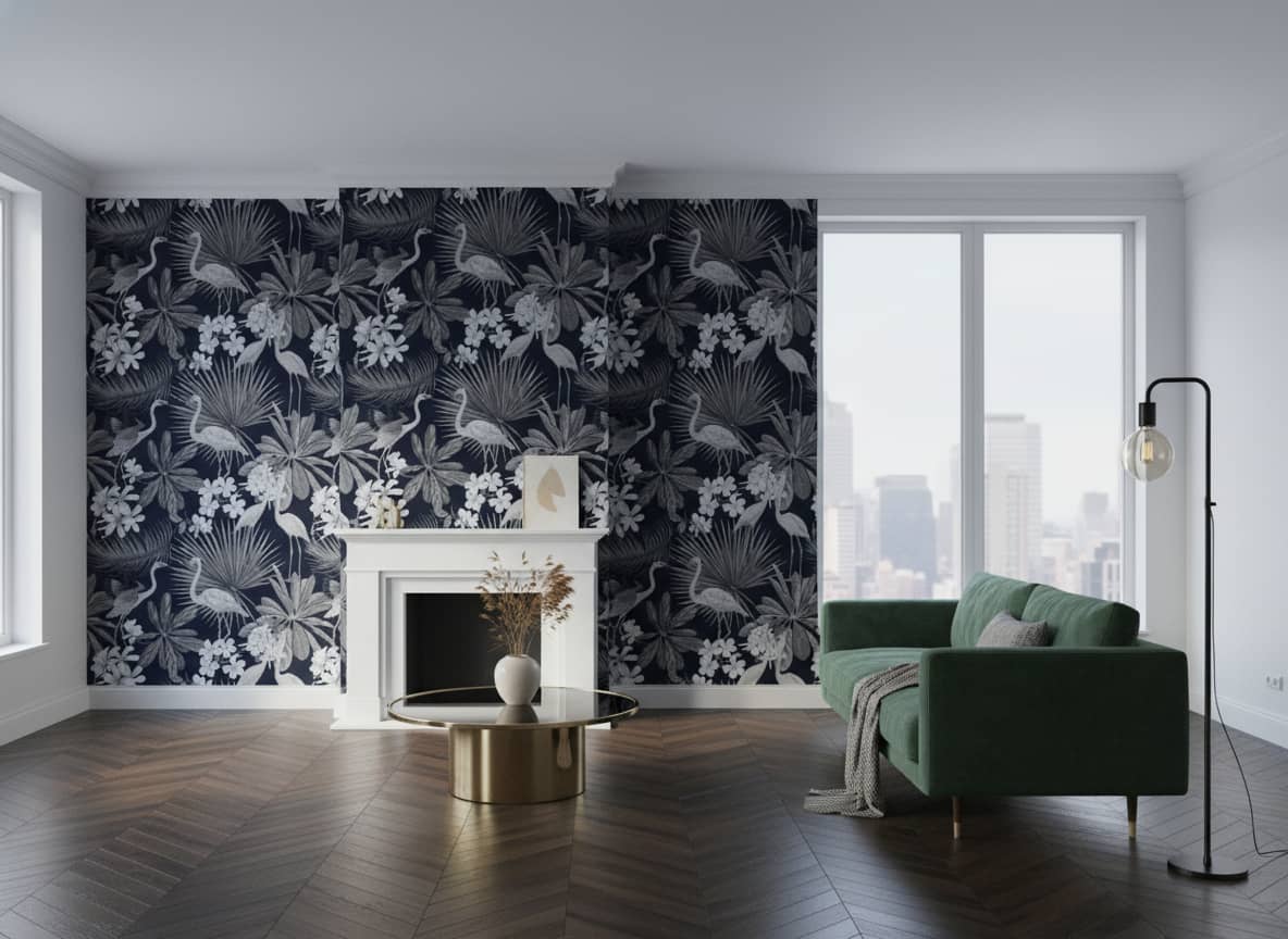 Midnight Fowls Wallpaper 1 Wallpaper and Wall Murals South Africa Midnight Fowls bird wallpaper with grey and white birds on black botanical stems across a sophisticated study wall — Wallpaper Online South Africa