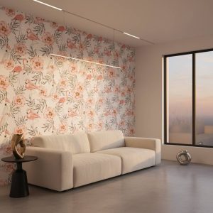 Paradise Blush wallpaper with watercolour flamingos and cockatoos among peony flowers in blush pink and coral on white background across a nursery — Wallpaper Online South Africa