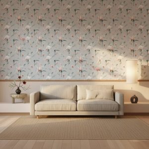 Peeping Honk flamingo wallpaper with watercolour birds in soft pink and sage green across a nursery wall — Wallpaper Online South Africa