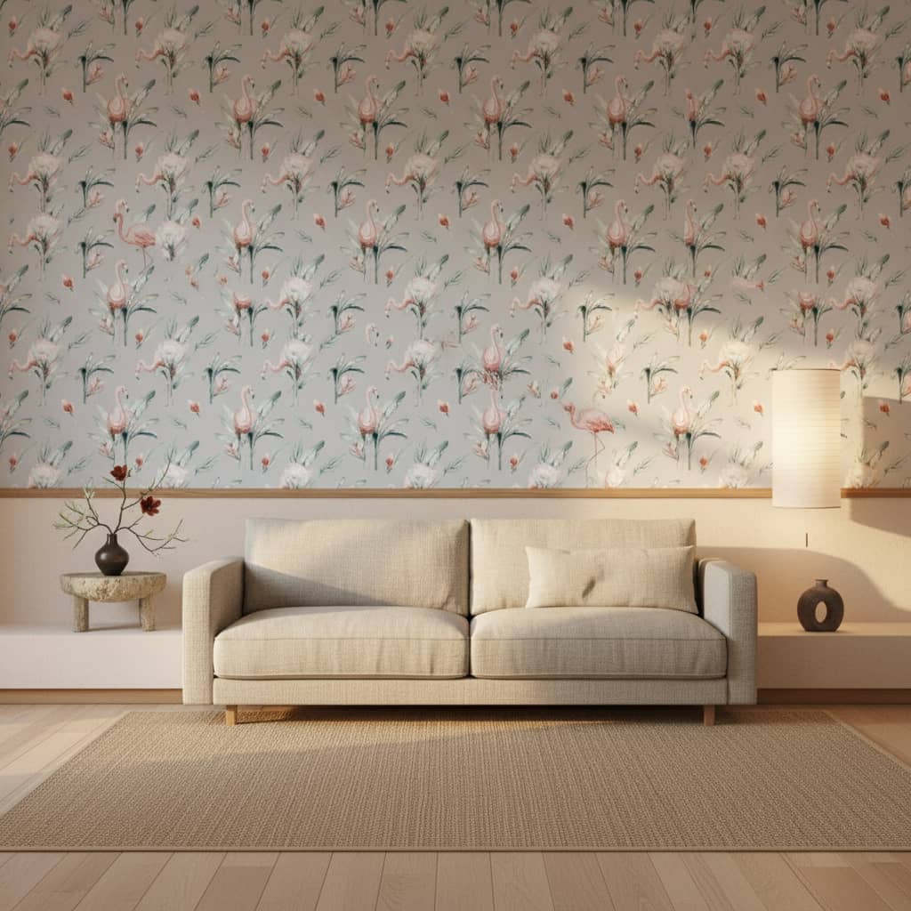 Peeping Honk Wallpaper 1 Wallpaper and Wall Murals South Africa Peeping Honk flamingo wallpaper with watercolour birds in soft pink and sage green across a nursery wall — Wallpaper Online South Africa
