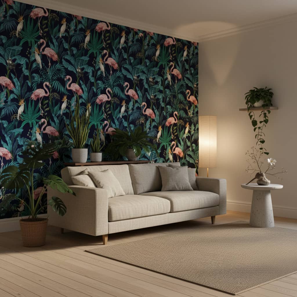 Runway Jungle Wallpaper 1 Wallpaper and Wall Murals South Africa Runway Jungle animal wallpaper with pink flamingos and white cockatoos against navy botanical foliage in a nursery — Wallpaper Online South Africa
