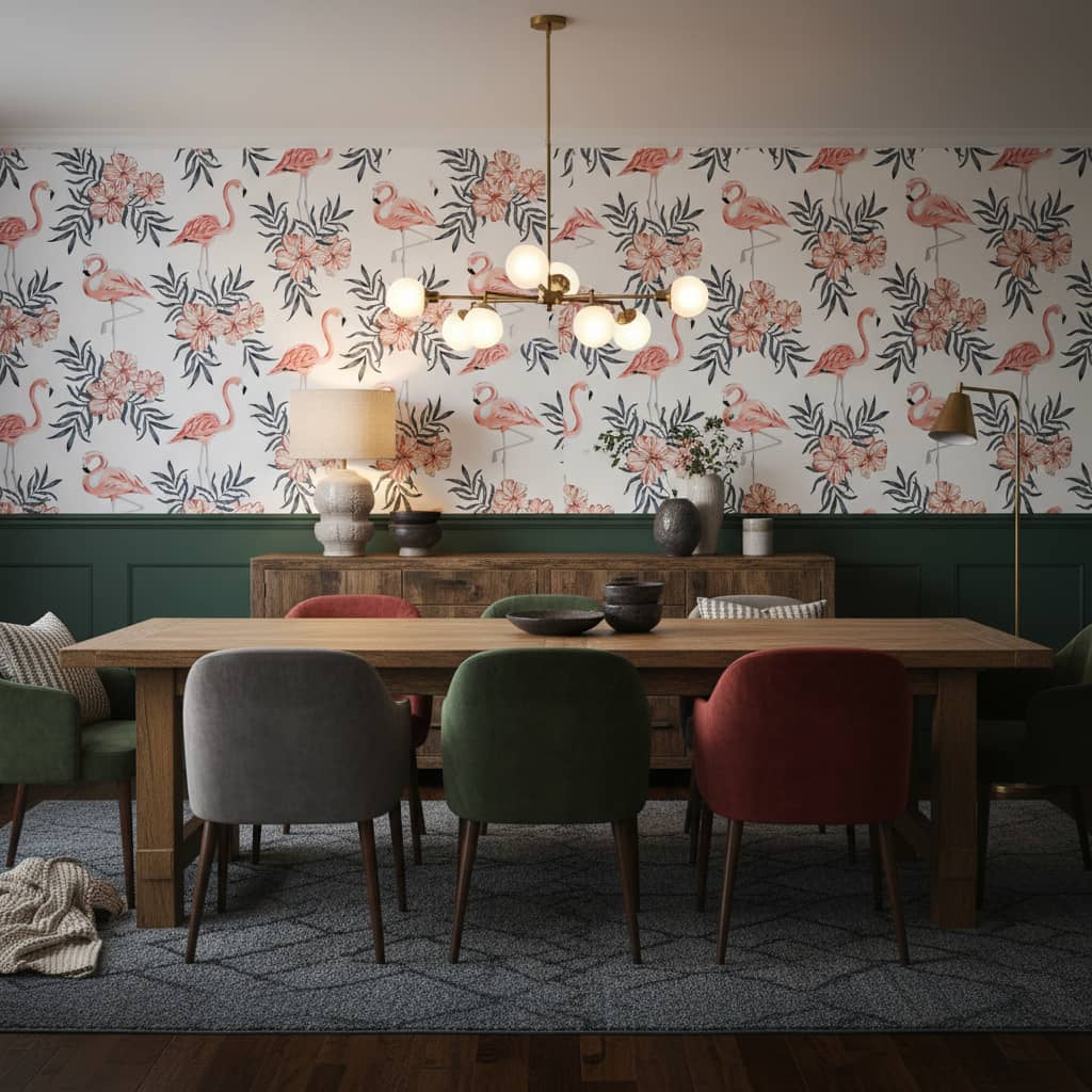 Serene Legs Wallpaper 1 Wallpaper and Wall Murals South Africa Serene Legs flamingo wallpaper in coral pink, navy and cream with botanical detail across a dining room feature wall — Wallpaper Online South Africa