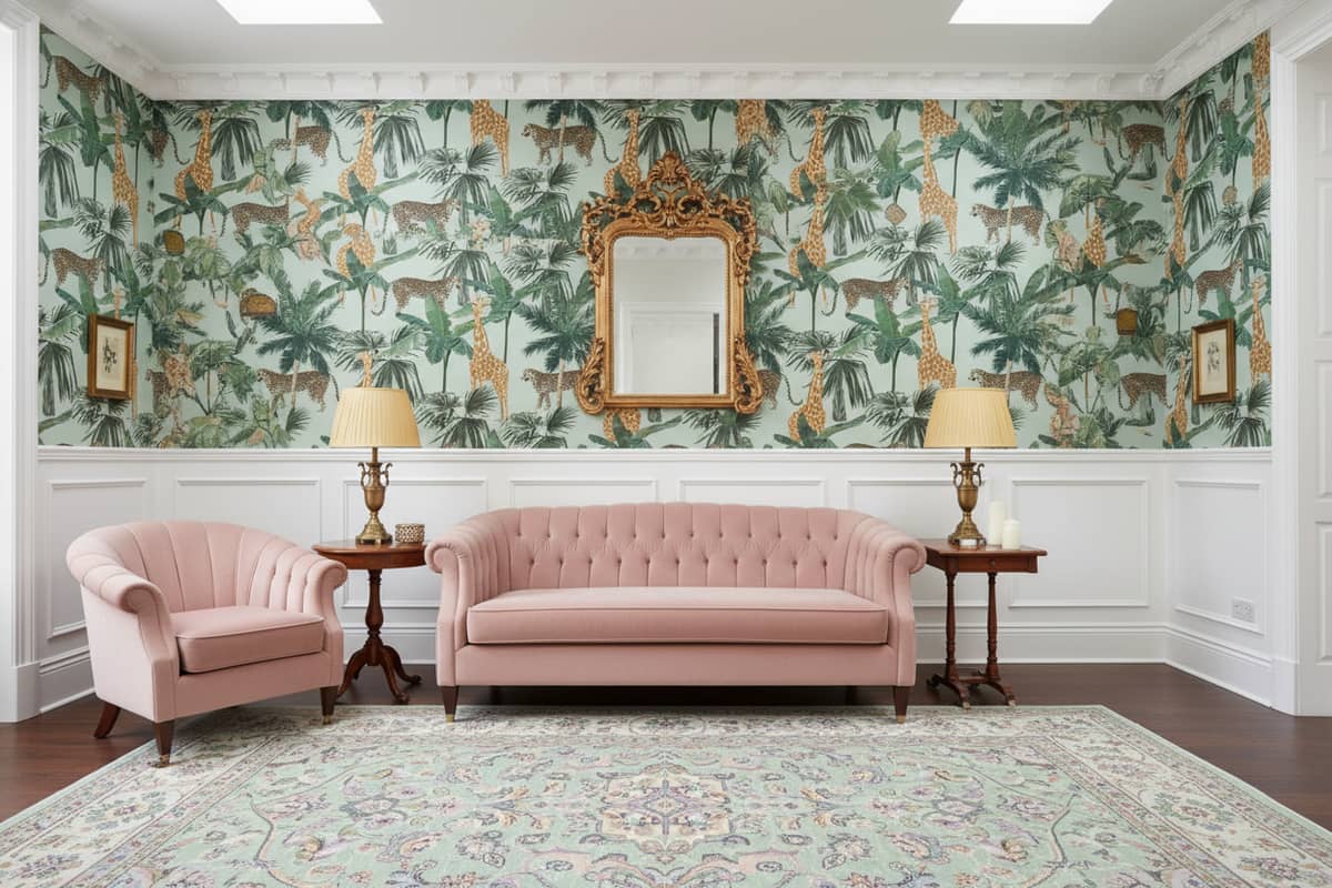 Spotted Longnecks Wallpaper 1 Wallpaper and Wall Murals South Africa Spotted Longnecks safari wallpaper with giraffes and leopards in sage green foliage across a nursery wall — Wallpaper Online South Africa